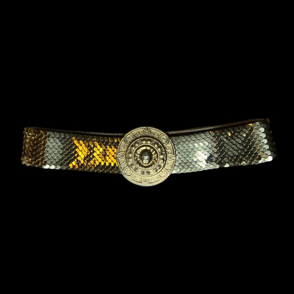 80s Vintage Gold Scarab Buckle Snake Skin Stretch Belt 22 1/2" Unstretched